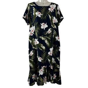 Paradise Bay Women's Dress‎ Black Floral Short Sleeves Hawaiian Midi Size XL